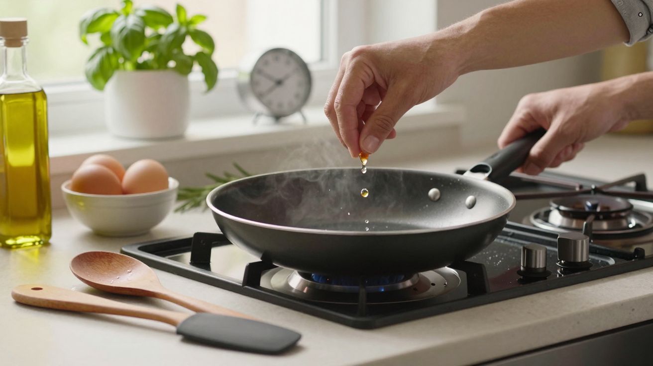 Mão adiciona óleo numa frigideira quente no fogão; azeite, ovos e colheres de madeira ao lado.