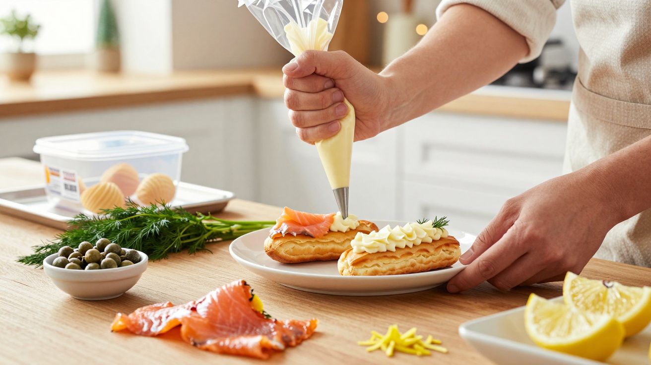 Pessoa a decorar éclairs com creme, salmão e endro numa cozinha, com ingredientes frescos ao lado.