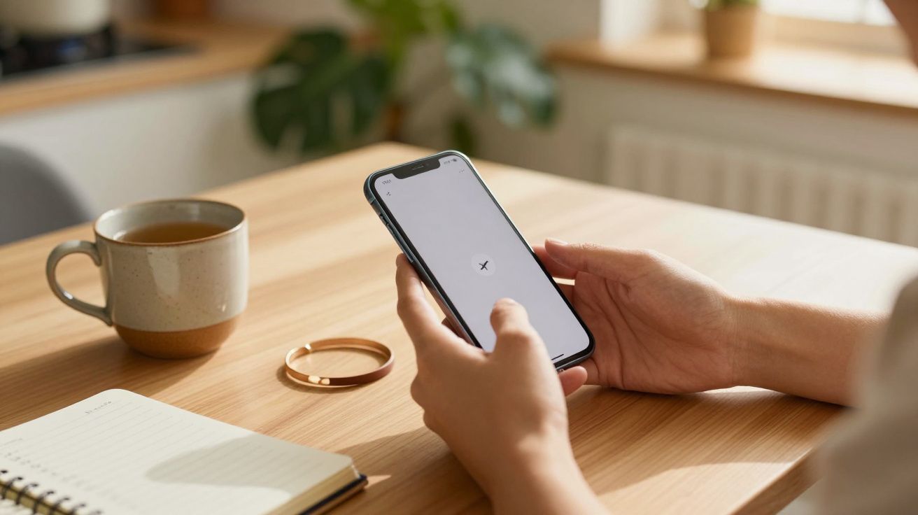 Pessoa segurando um smartphone com ecrã branco em mesa de madeira, ao lado de chávena e caderno.