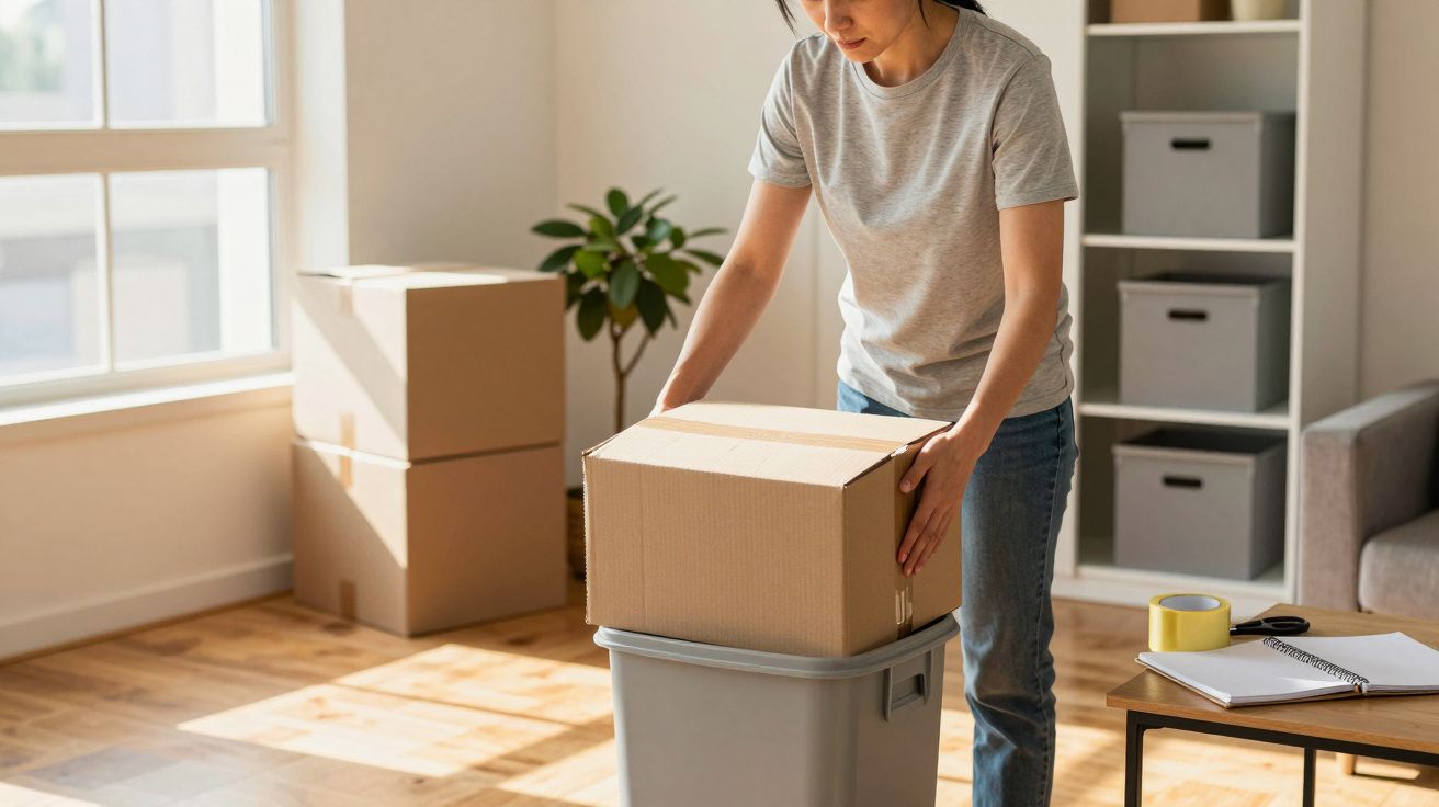 Mulher a colocar uma caixa de cartão numa caixa de plástico numa sala iluminada, com caixas ao redor.