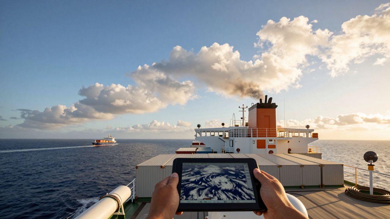 Vista de um navio cargueiro no mar com céu parcialmente nublado; pessoa segura um tablet mostrando dados meteorológicos.