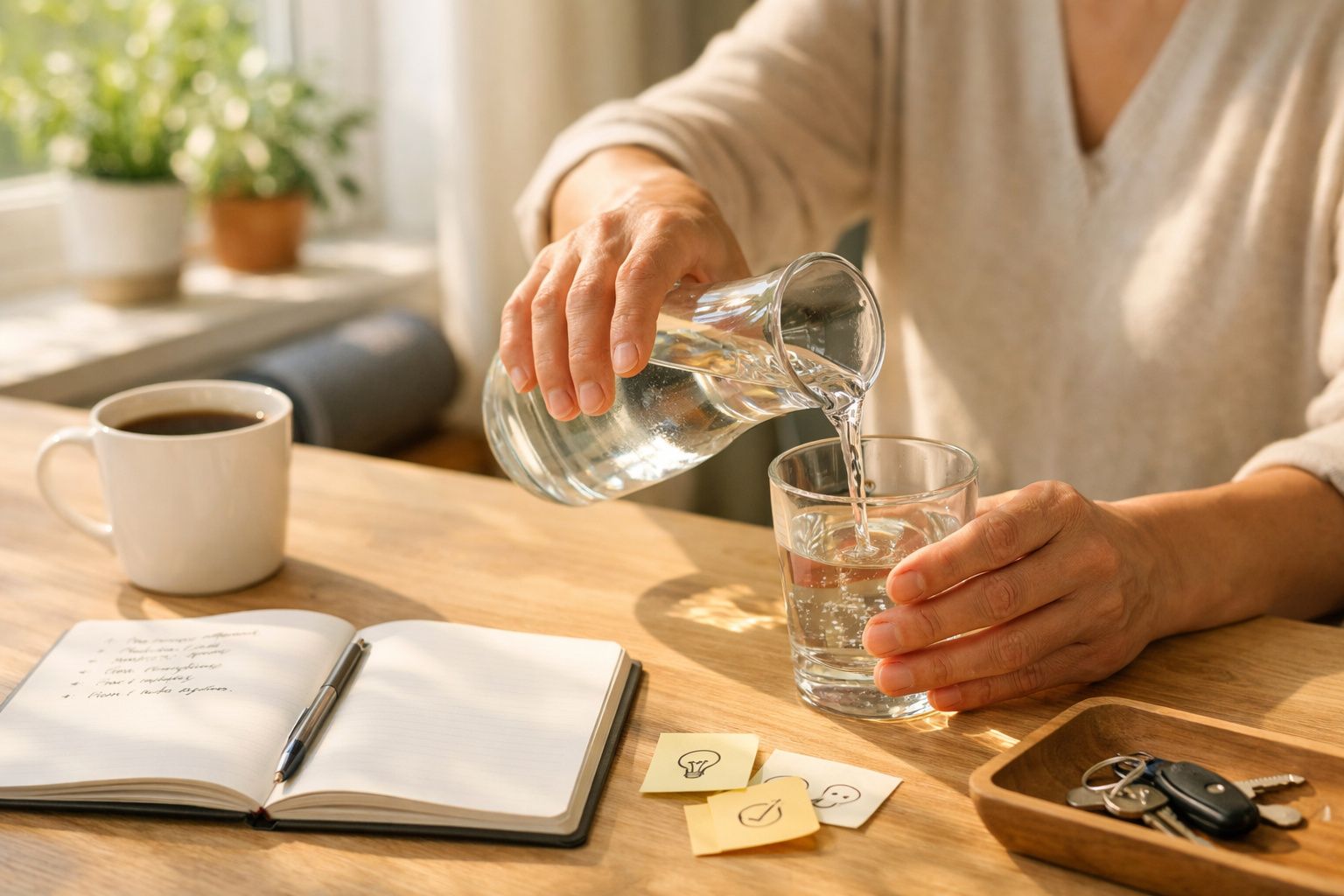 Pessoa a escrever num caderno enquanto outra serve água para um copo, com objetos pessoais e chávena de café na mesa.