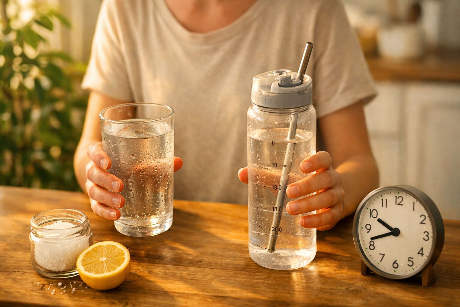 Mãos segurando um copo de água e uma garrafa sobre mesa com limão, sal e frutas ao fundo.