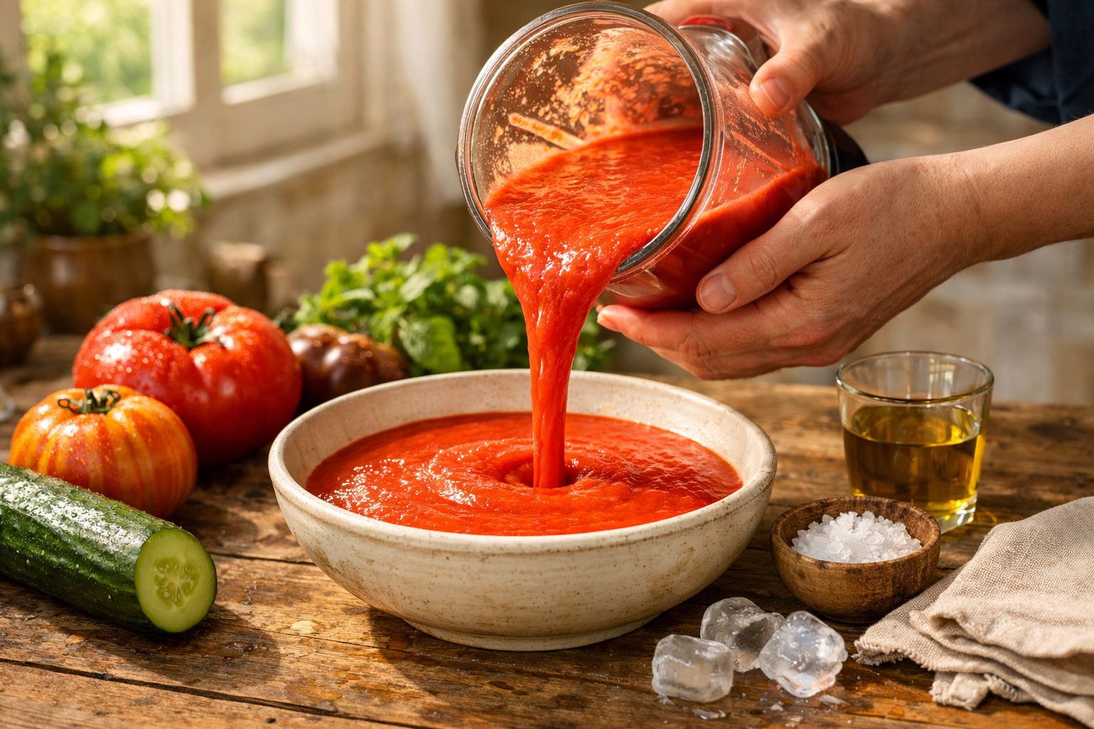 Mãos a verter gaspacho num prato, rodeado de ingredientes frescos como tomate, pepino e ervas.