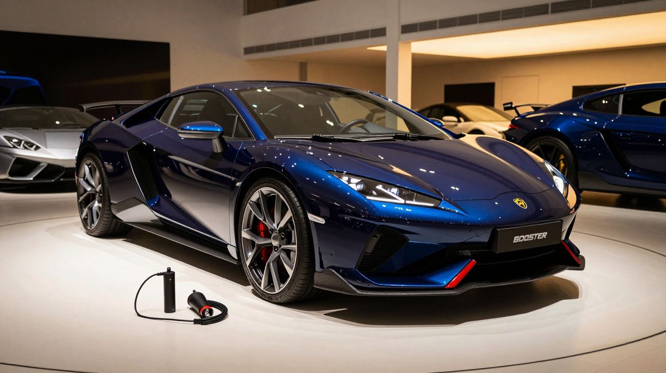 Carro desportivo azul escuro num showroom iluminado, com cabo de carregamento no chão.