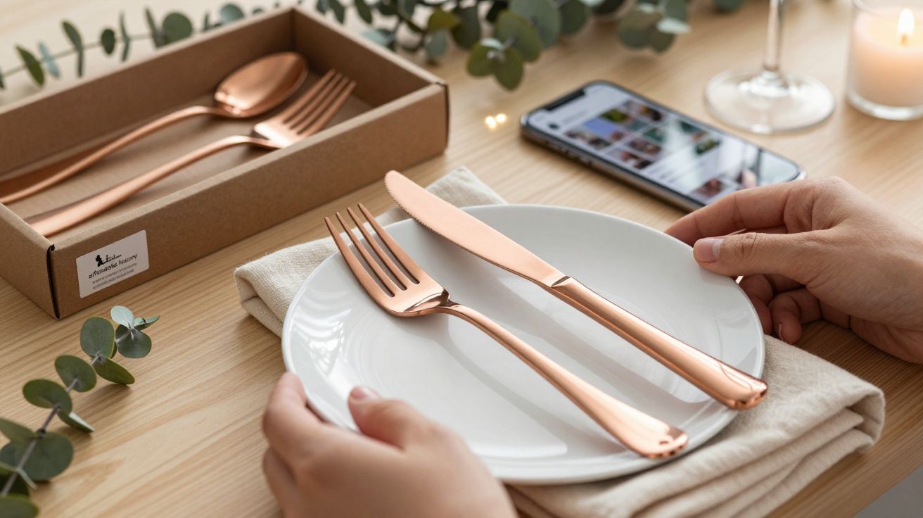 Mãos ajustam talheres dourados num prato branco sobre uma mesa de madeira, com caixa de talheres e telemóvel ao fundo.