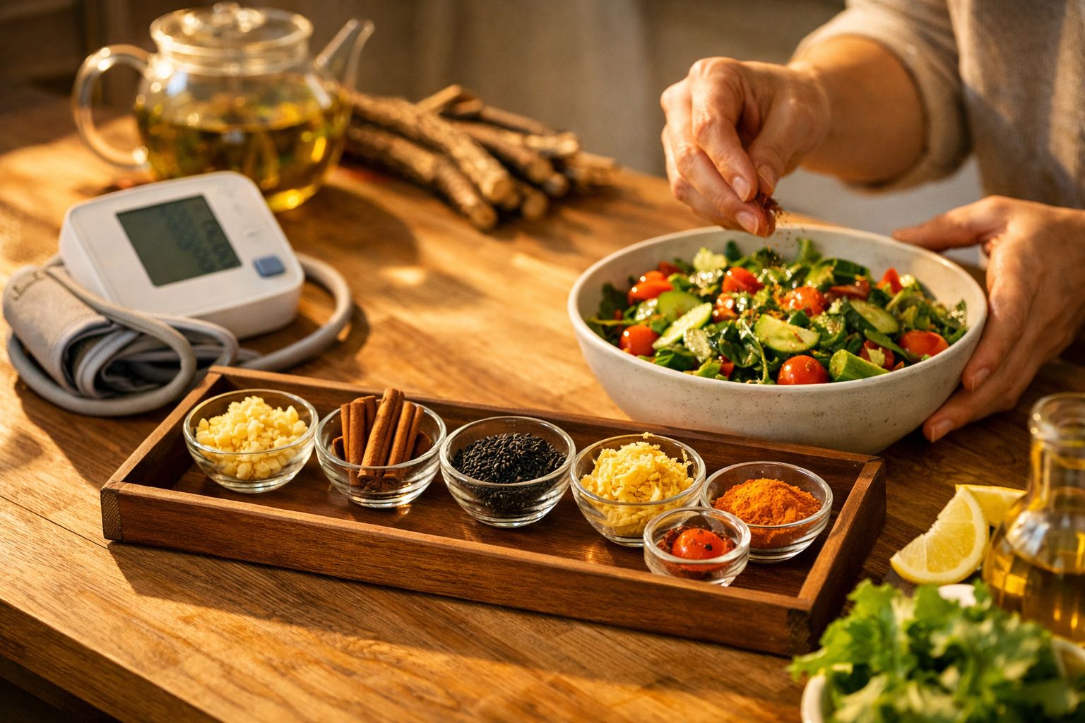 Pessoa tempera salada em mesa com especiarias, limão e medidor de pressão.