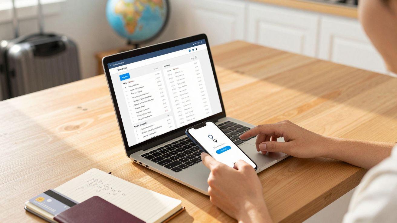 Pessoa usa computador portátil e smartphone sobre mesa de madeira, com caderno e passaporte ao lado.