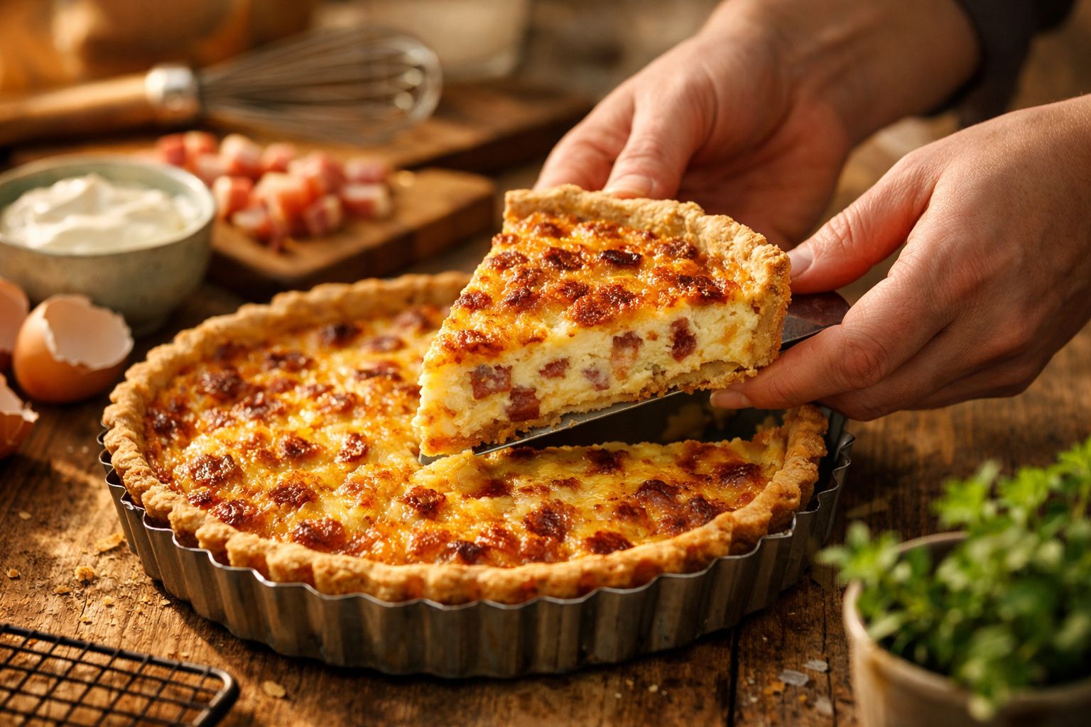 Mãos servindo uma fatia de quiche caseira com queijo e bacon, ao lado de ingredientes culinários em fundo rústico.