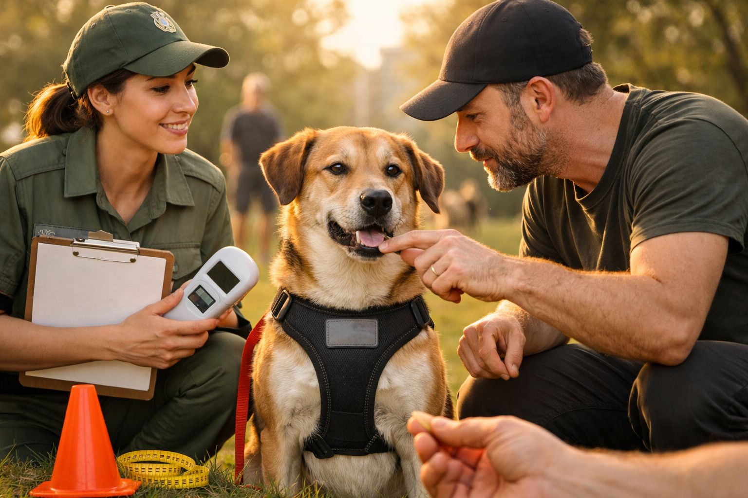 Homem e mulher a treinarem um cão ao ar livre; a mulher segura um dispositivo e o homem dá um petisco ao cão.