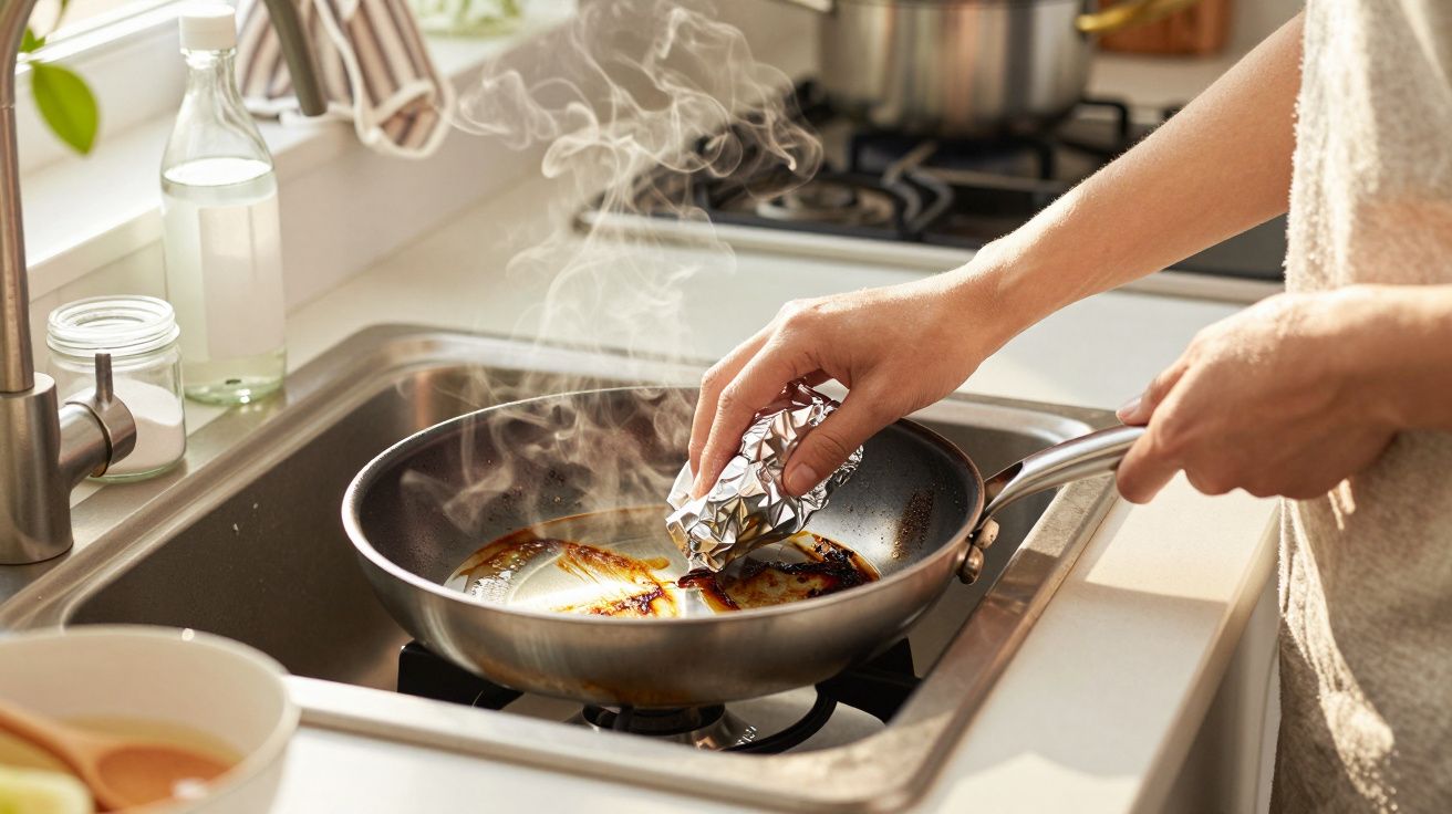 Mão limpando frigideira com papel alumínio sob uma torneira na cozinha.