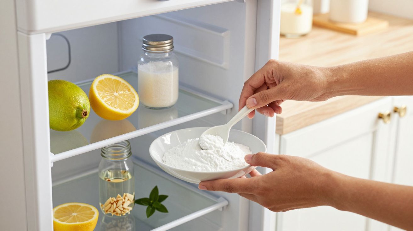 Pessoa coloca pó branco em prato num frigorífico com limões e frascos.