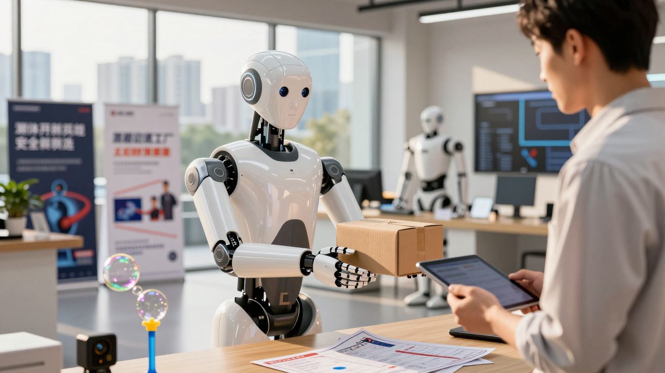 Robô humanoide entrega caixa a homem com tablet em escritório moderno com cartazes e outro robô ao fundo.