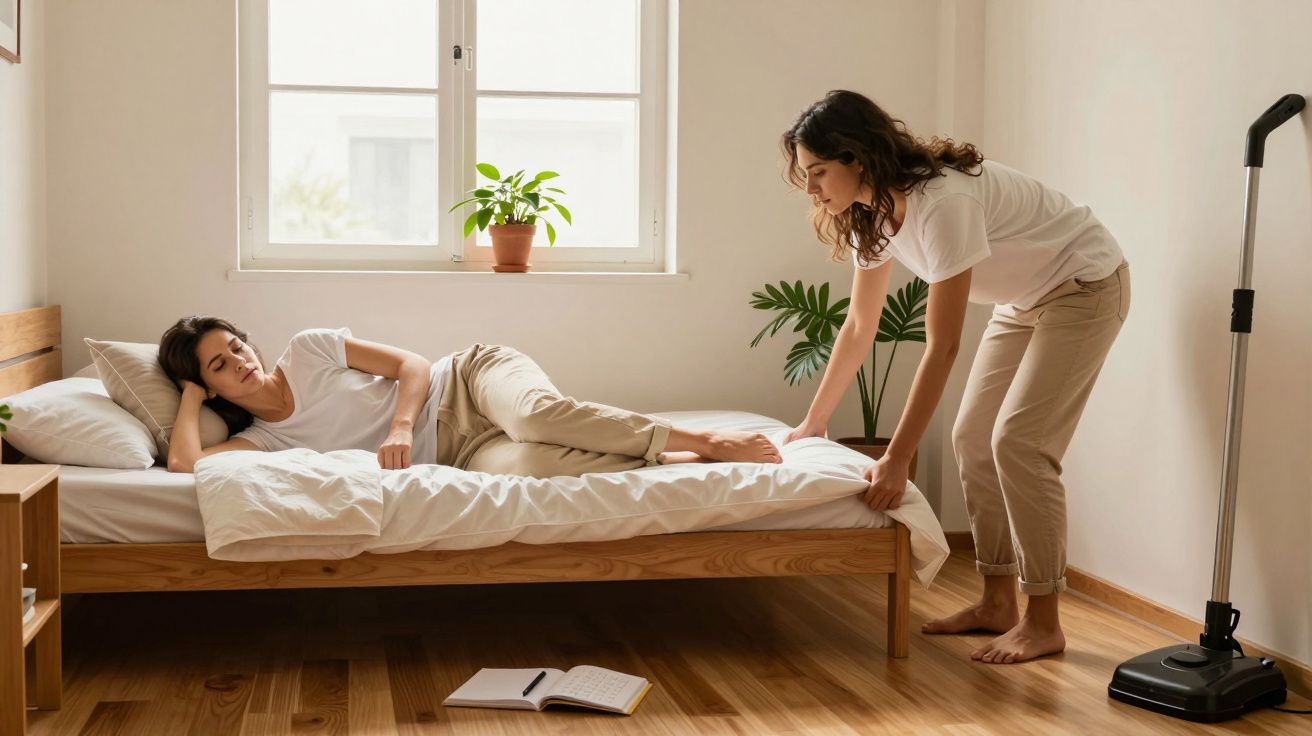 Duas pessoas num quarto arrumado, uma deitada na cama e outra a ajeitar a roupa de cama; aspirador ao lado.