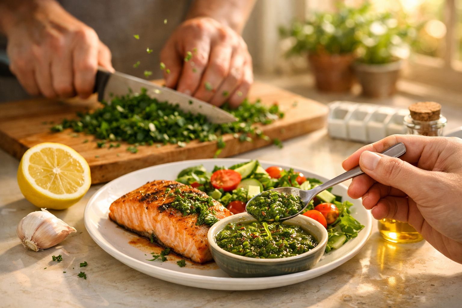 Mãos a picar salsa numa tábua de madeira, ao lado de uma salada de grão-de-bico e um copo com água e limão.