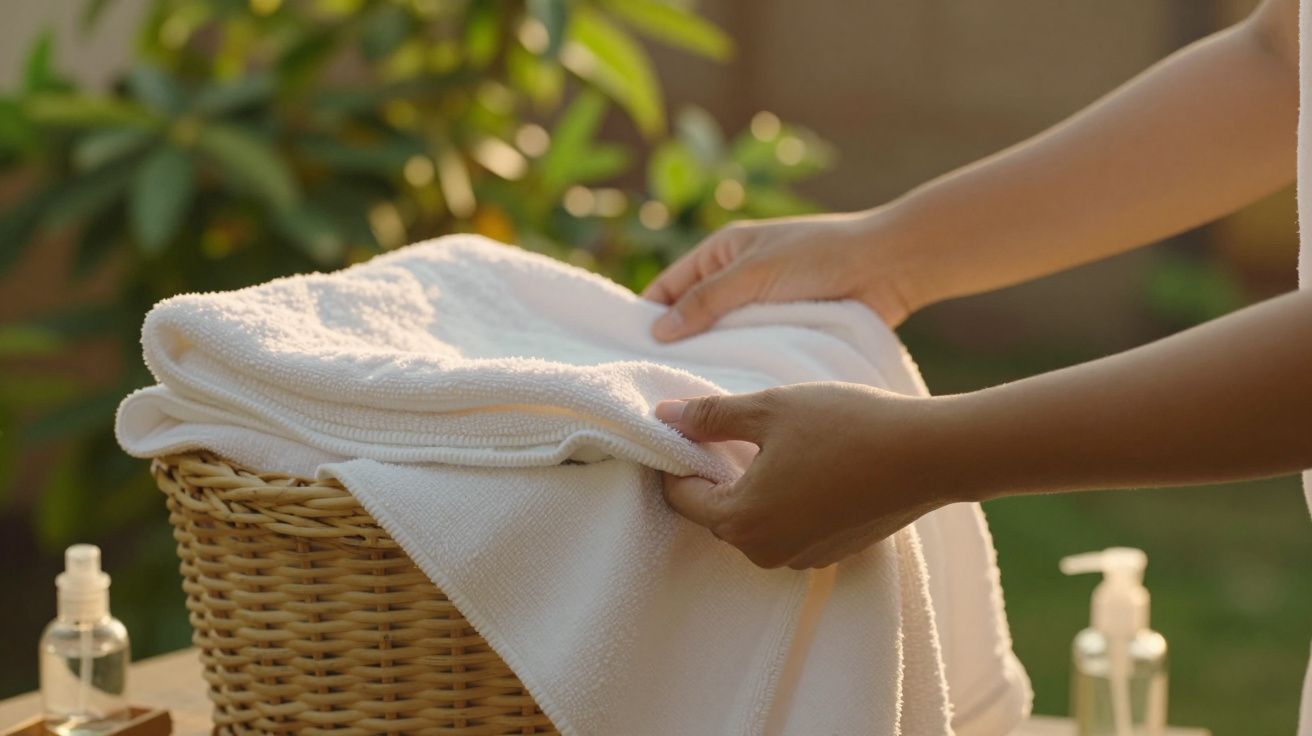 Mãos a dobrar toalhas brancas num cesto de vime ao ar livre, com frascos de produtos ao lado, em ambiente ensolarado.