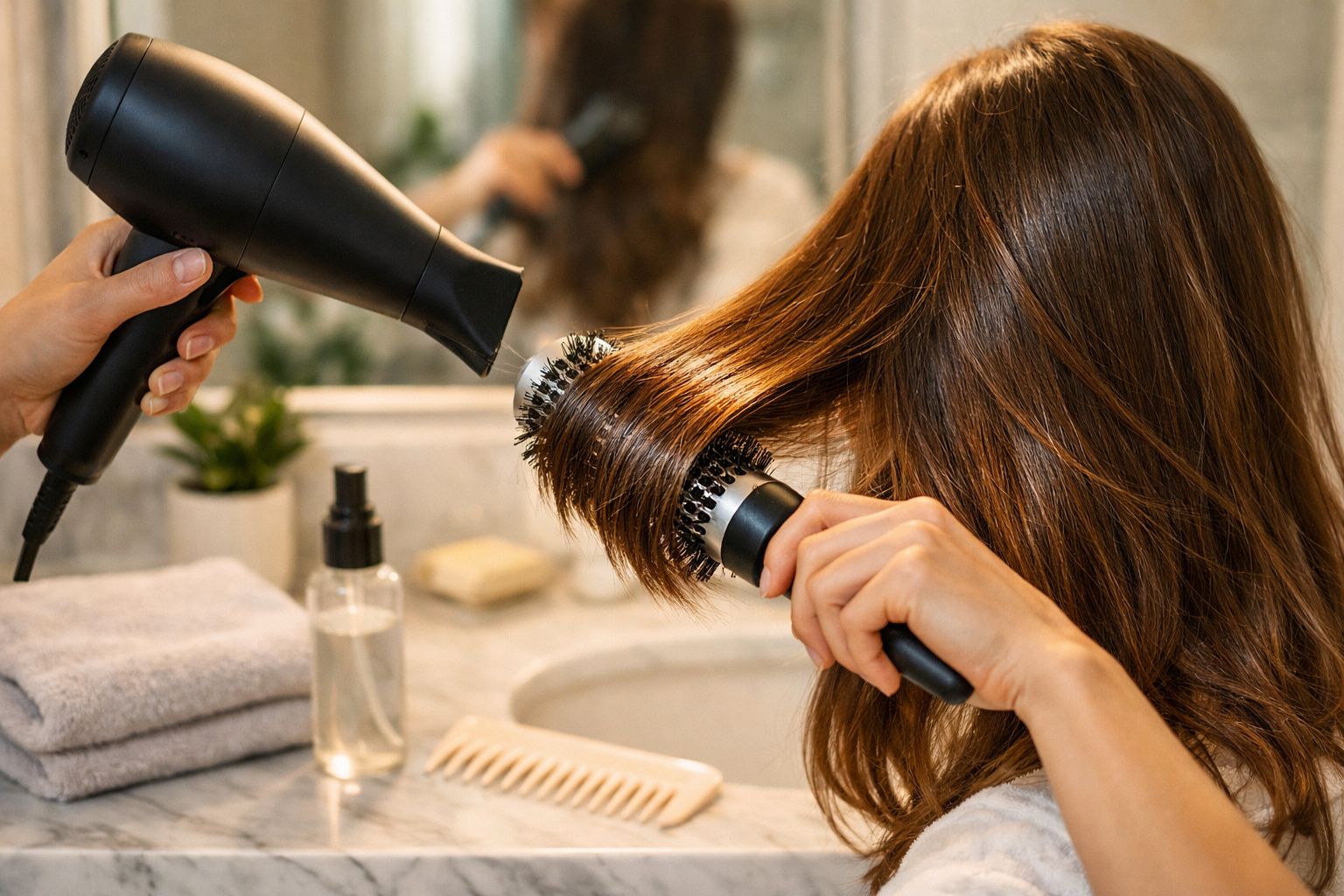 Mulher de cabelo castanho usando secador e escova redonda para secar o cabelo em frente ao espelho.