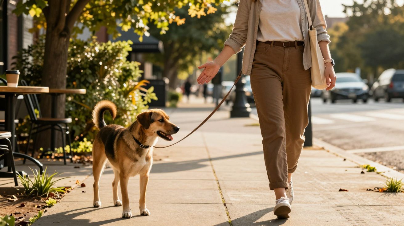 Pessoa a passear um cão amarrado por trela numa rua arborizada e ensolarada.
