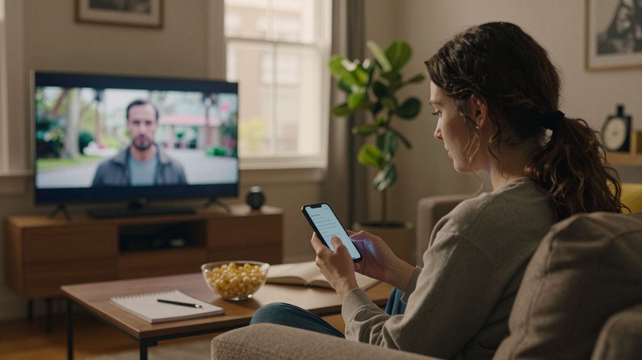 Mulher sentada no sofá, a usar o telemóvel. TV ligada ao fundo e uma taça de pipocas na mesa.
