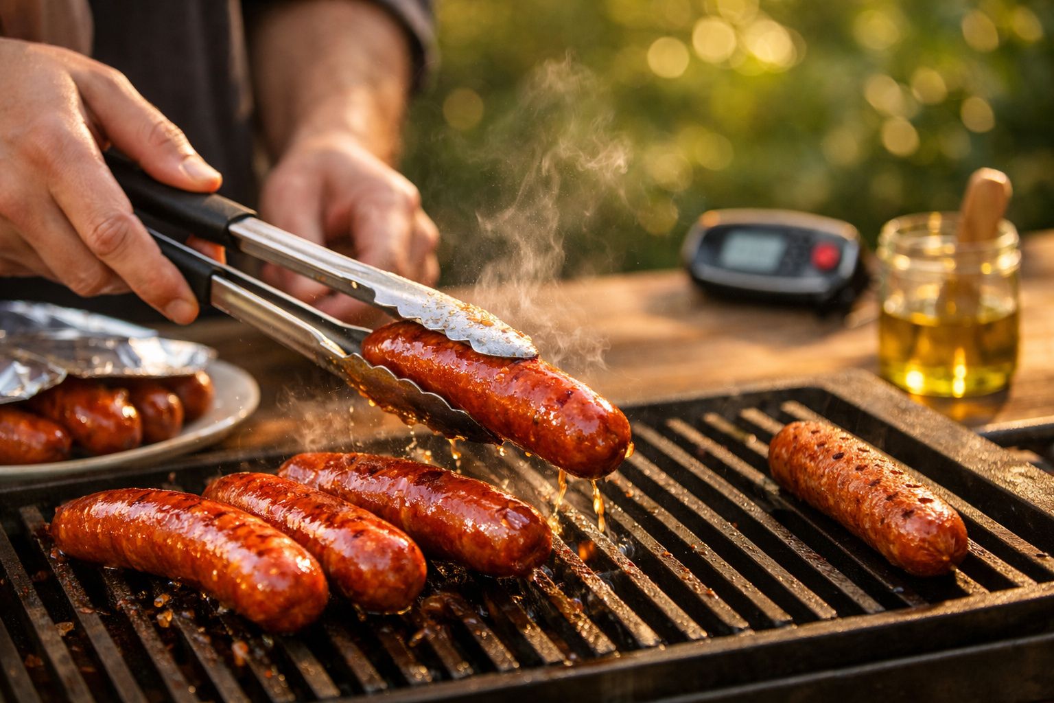 Mão segurando pinça vira salsichas grelhadas na churrasqueira, com azeite e alecrim em tábuas de cortar ao lado.