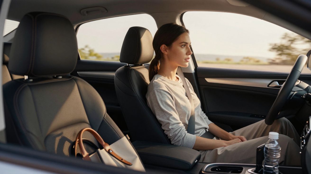 Mulher sentada ao volante de um carro, concentrada na condução, com bolsa e garrafa de água ao lado.