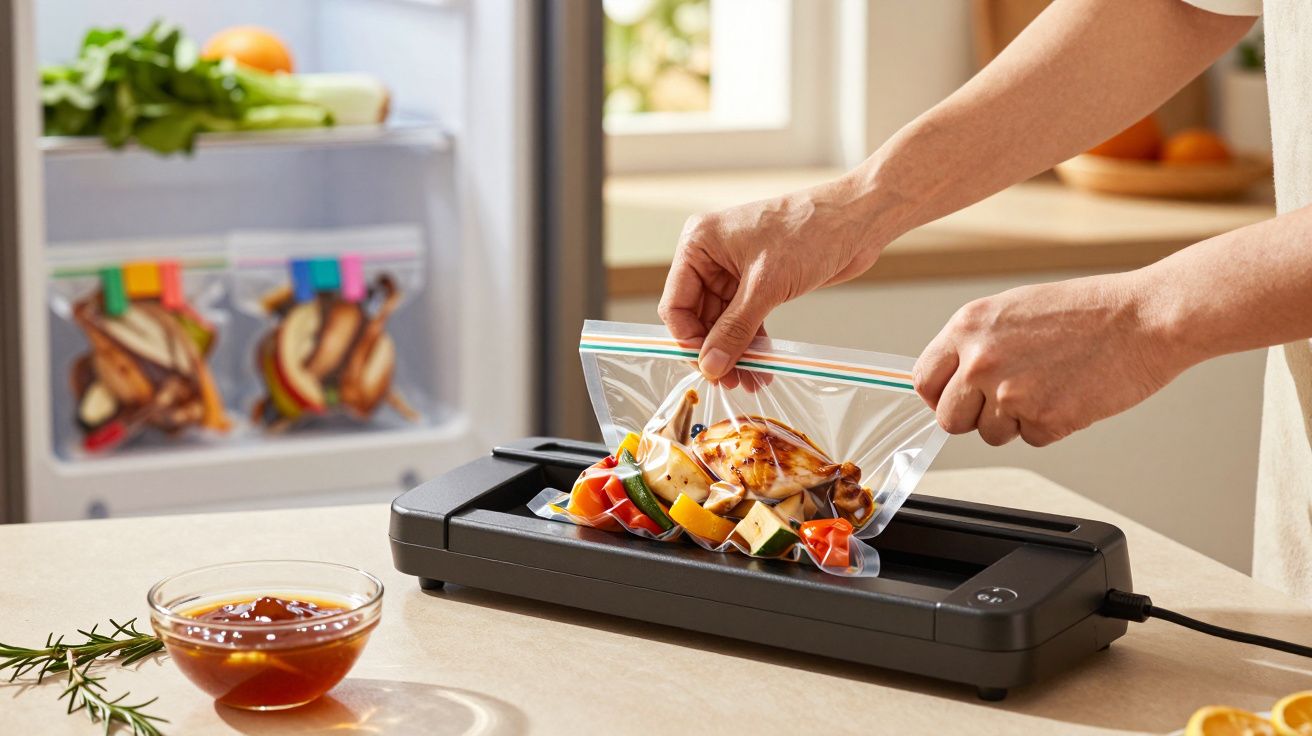 Pessoa a selar saco plástico com comida numa máquina de selar, com frigorífico e ingredientes ao fundo.