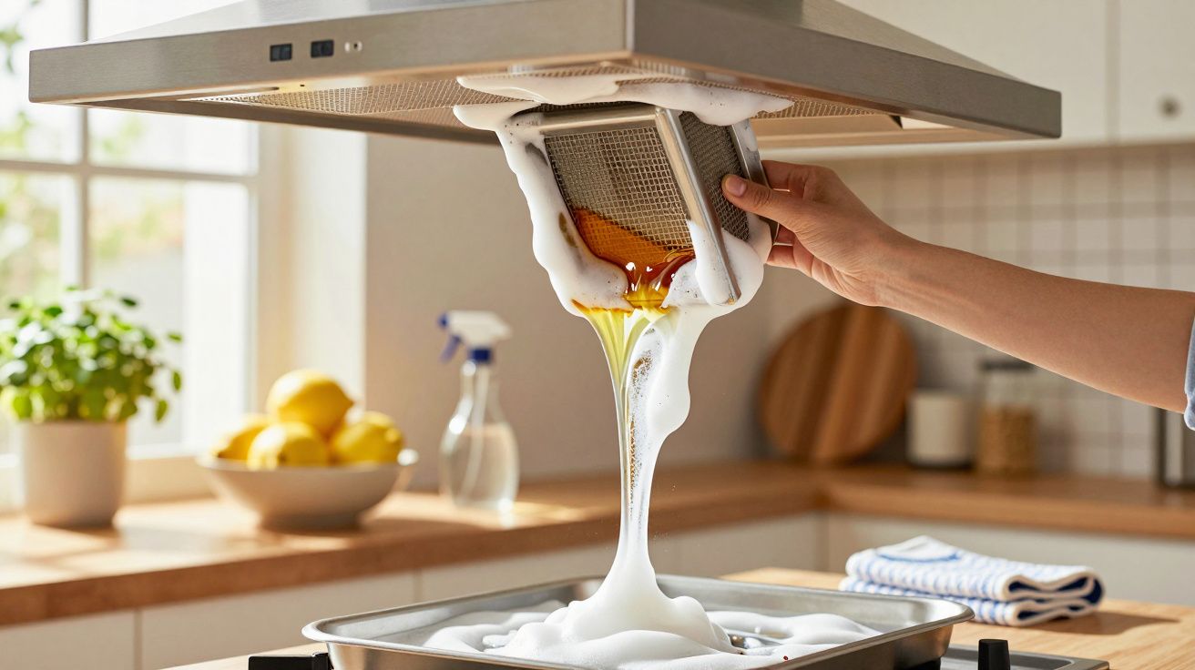 Mão a lavar filtro de exaustor em cozinha moderna, com espuma e óleo a escorrer para bandeja.