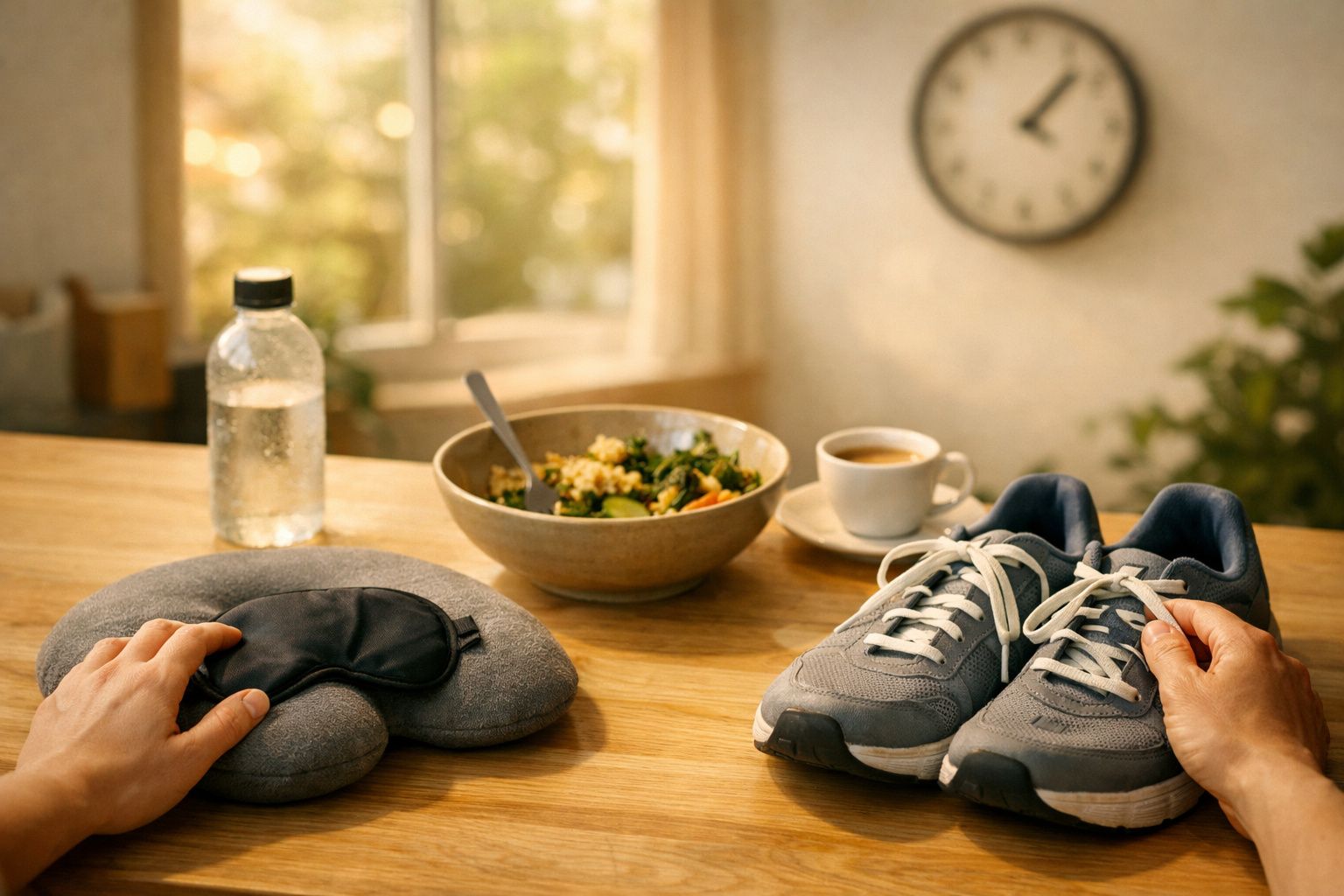Mesa com garrafa de água, salada, café, máscara de dormir, e ténis com um relógio ao fundo.