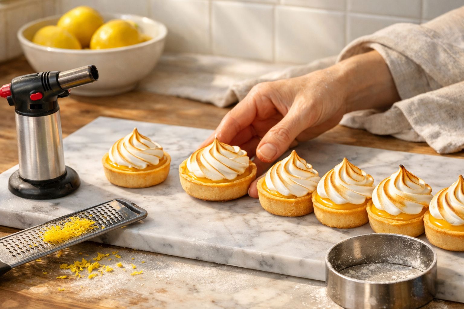 Mão decorando mini tartes de limão com merengue, rodeadas por utensílios de pastelaria numa cozinha iluminada.
