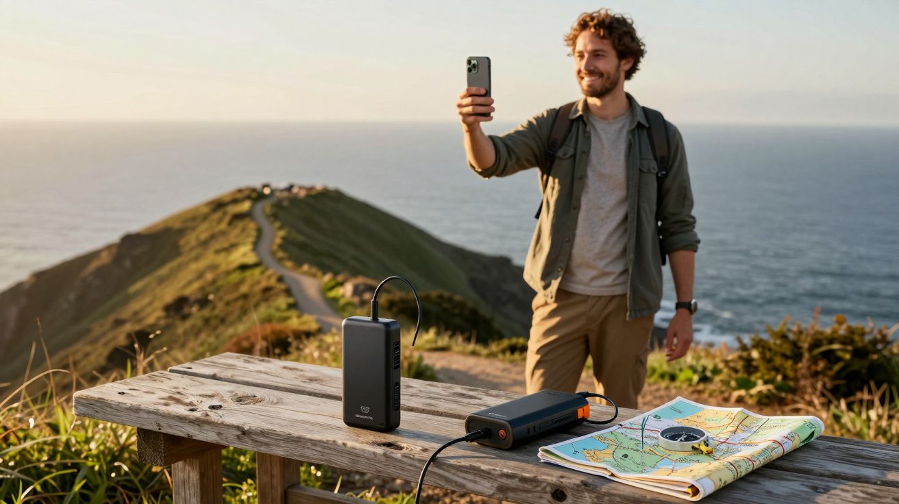 Homem a tirar uma selfie junto ao mar, com mapa e carregador solar sobre a mesa de madeira.