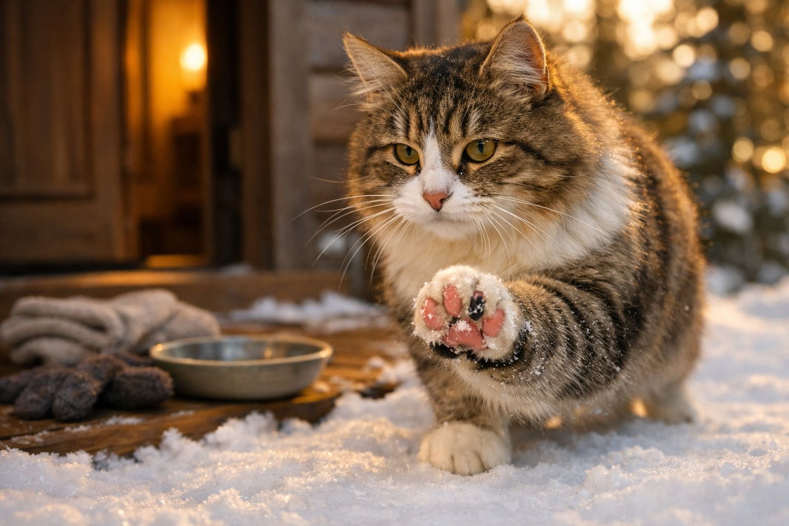 Gato peludo a caminhar na neve com pata levantada, perto de uma casa de madeira iluminada.