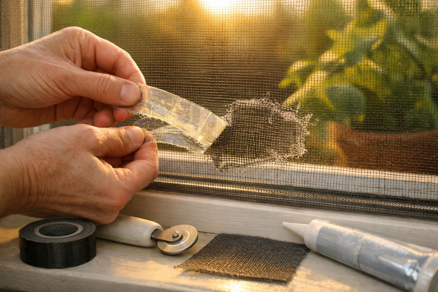 Mãos remendam rede de insetos danificada numa janela, usando fita adesiva na luz do sol.