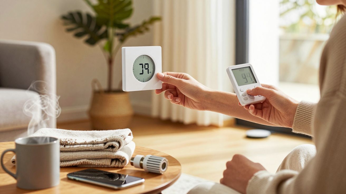 Pessoa ajusta termóstato digital numa sala acolhedora com plantas e chávena fumegante sobre a mesa de madeira.