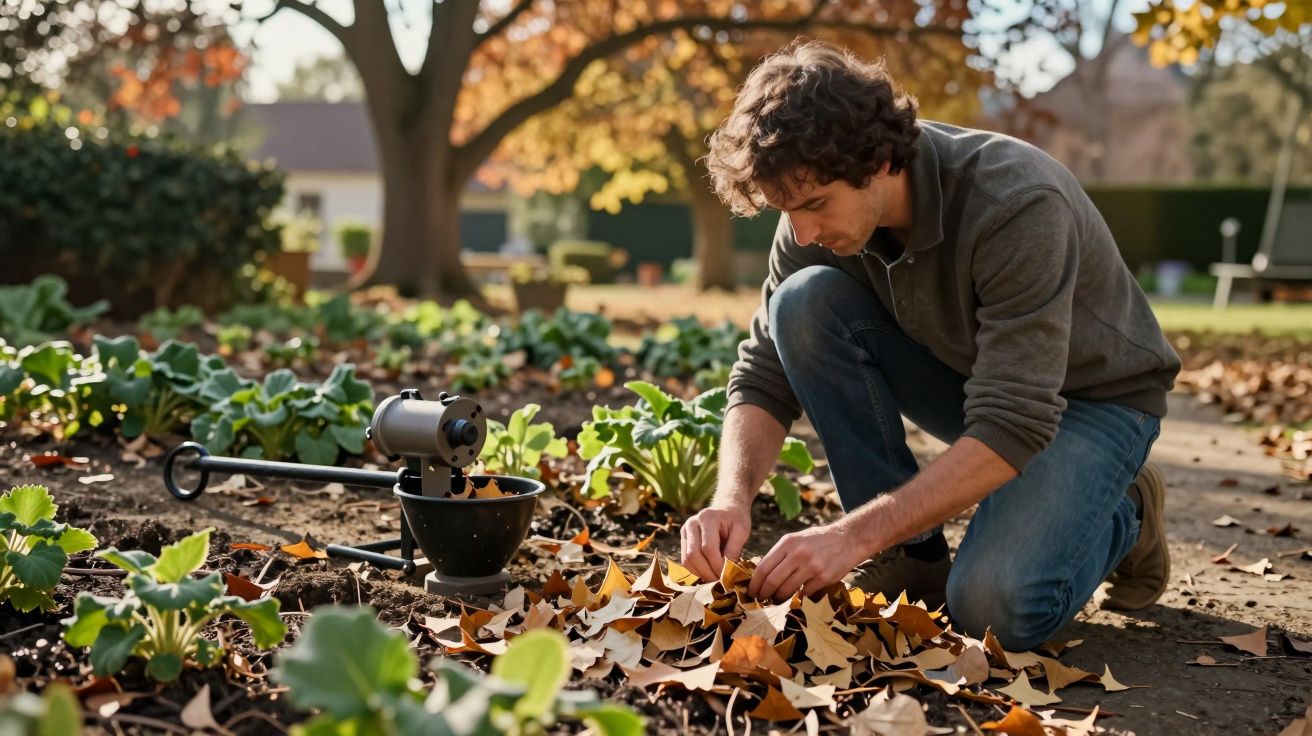 Homem agachado no jardim, recolhendo folhas secas entre plantas, com um espremedor ao lado.