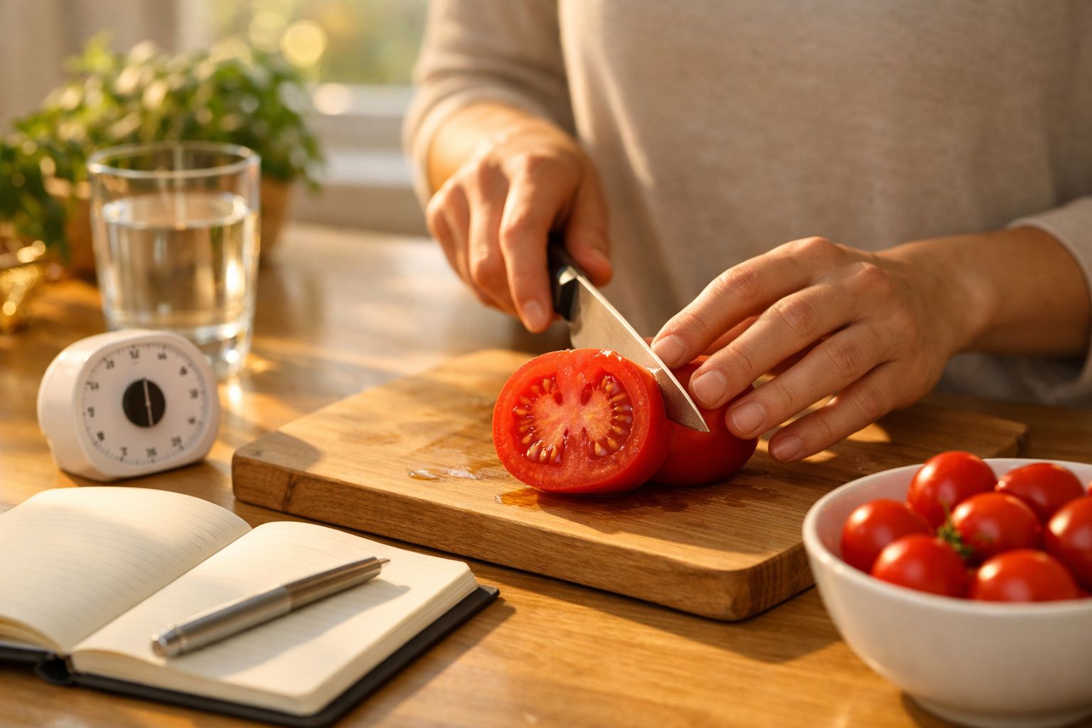 Pessoa a cortar um tomate em tábua de madeira, com caderno, caneta, cronómetro e copo de água ao lado.