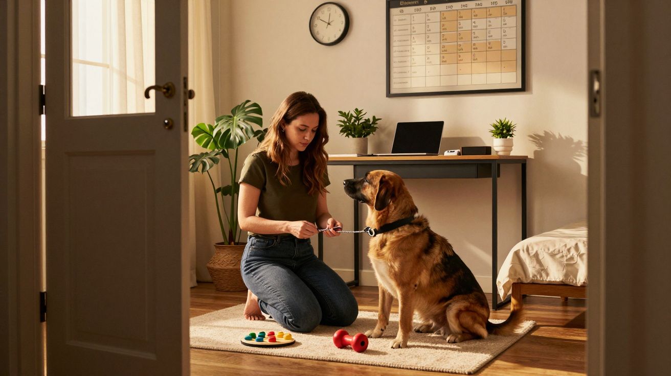 Mulher ajoelhada a brincar com um cão numa sala com plantas, uma secretária e quadros na parede.