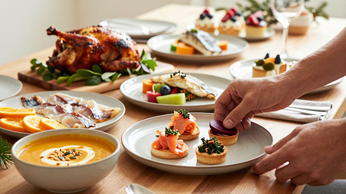 Mesa com pratos variados, incluindo sopa, sobremesas e um frango assado, sendo servida por uma pessoa.