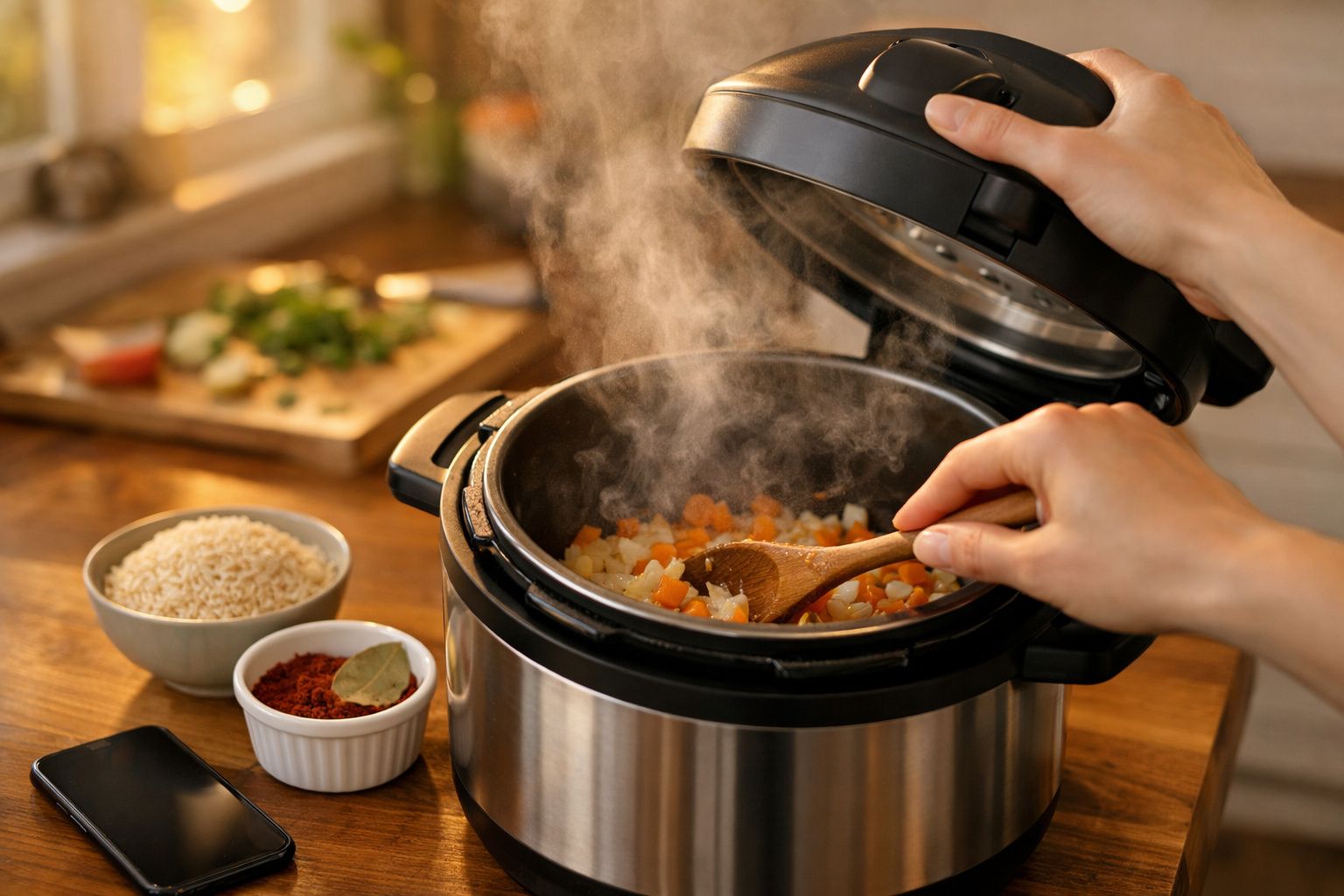 Mãos mexem legumes numa panela elétrica com vapor. Ao lado, taças com arroz e especiarias sobre a mesa de madeira.