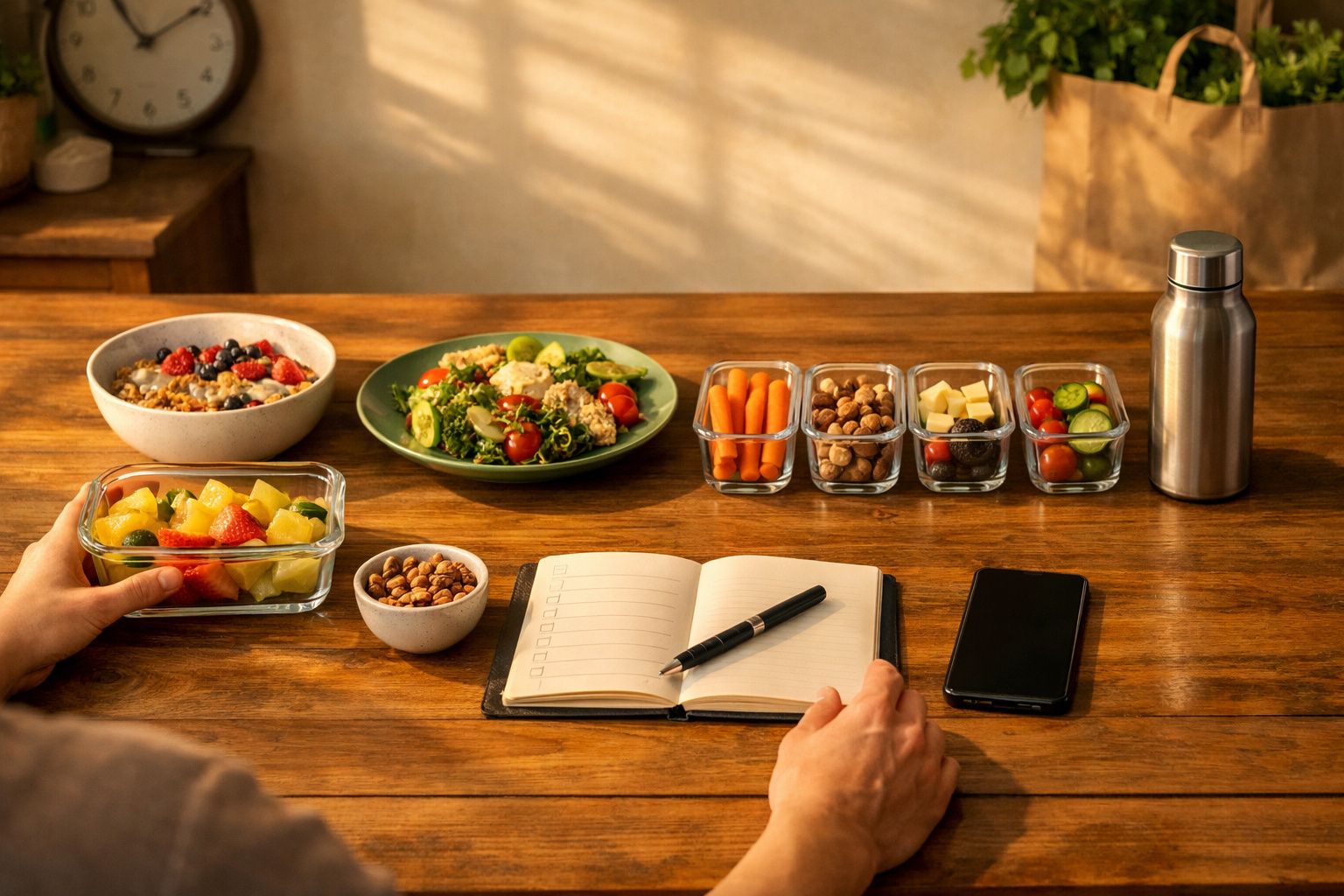 Mesa com salada, fruta, frutos secos, bloco de notas e telemóvel.