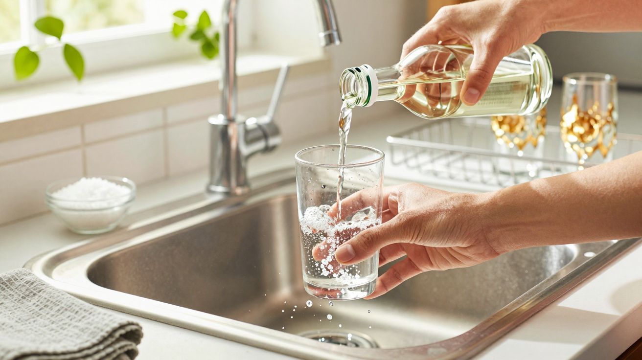 Pessoa a encher um copo de vidro com água de uma garrafa, sobre um lavatório de cozinha.