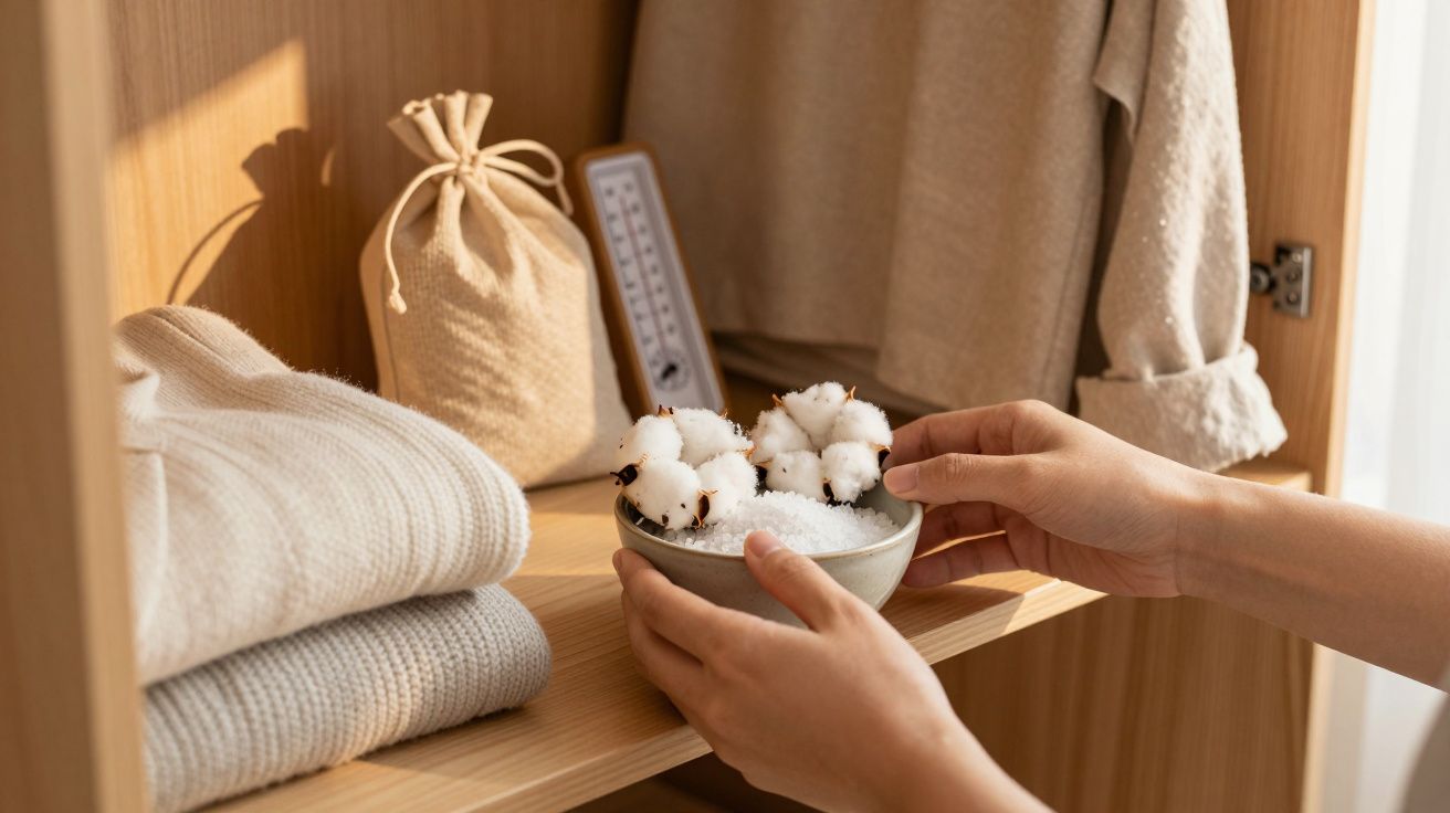 Mãos colocam tigela com algodão e sal numa prateleira de madeira, ao lado de roupas dobradas e termómetro.