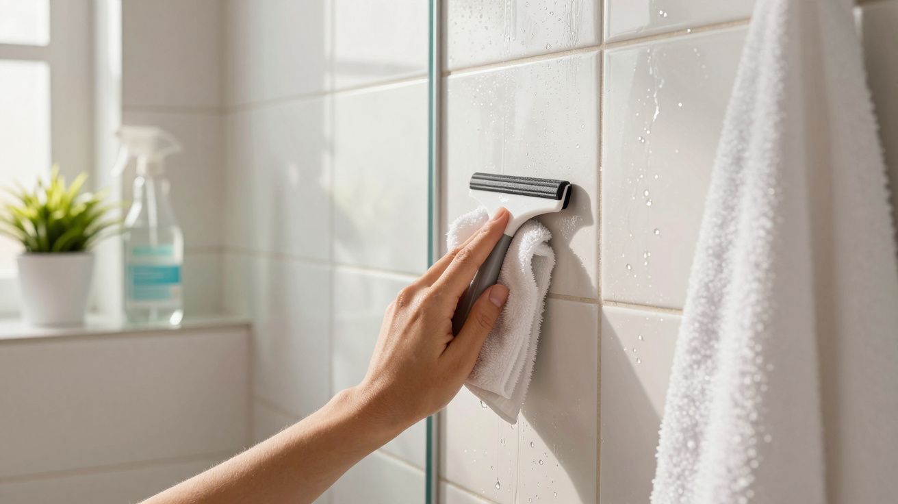 Mão usando um raspador com pano na parede azulejada de casa de banho. Toalha pendurada e planta ao fundo.