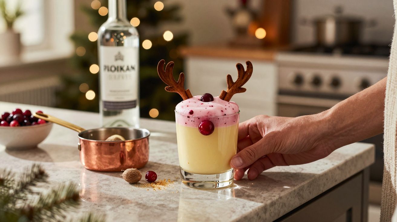 Copo com bebida amarela e espuma rosa, decorado com chifres de rena, em balcão de cozinha.