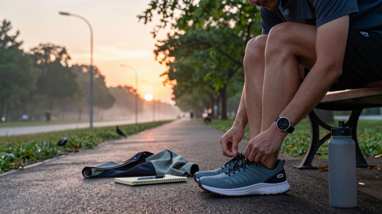 Homem amarra os atacadores dos ténis num banco ao nascer do sol, com caderno e garrafa de água ao lado.