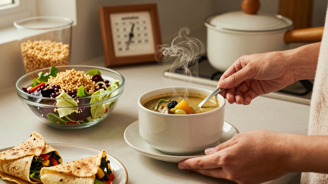 Pessoa segura uma taça de sopa quente ao lado de uma salada e wraps numa cozinha iluminada.