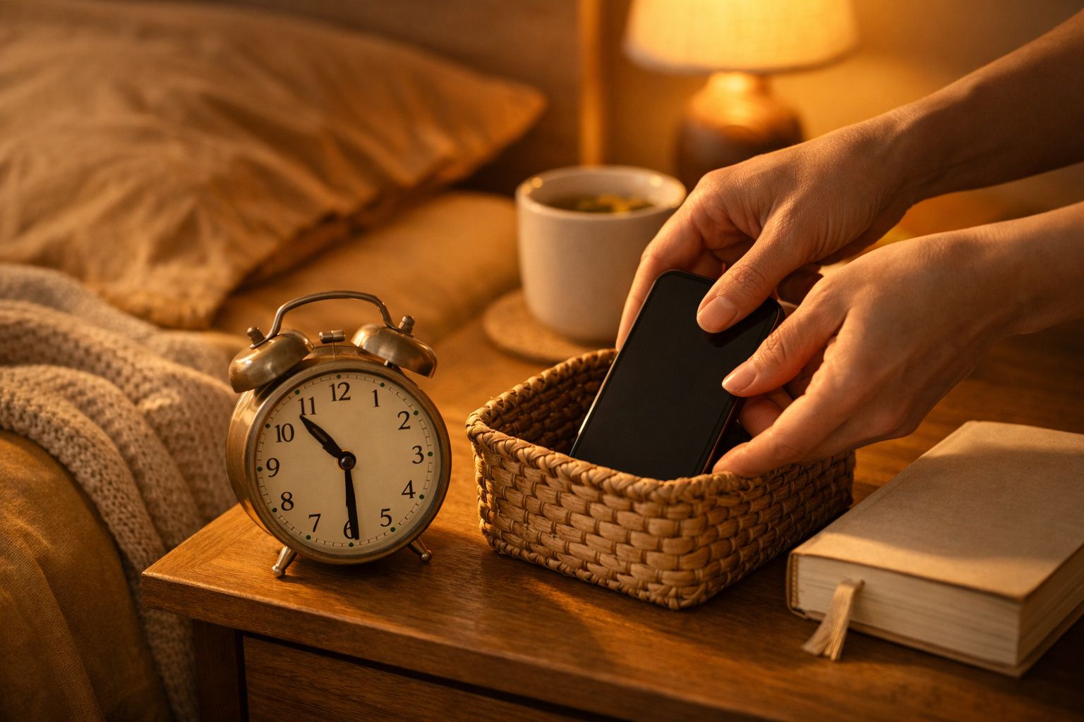 Mãos colocam um telemóvel num cesto ao lado de um despertador em cima de uma mesa de cabeceira, com café e livro.