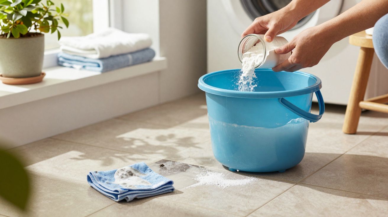 Pessoa a deitar detergente em balde azul no chão, toalha suja e luz natural pela janela.