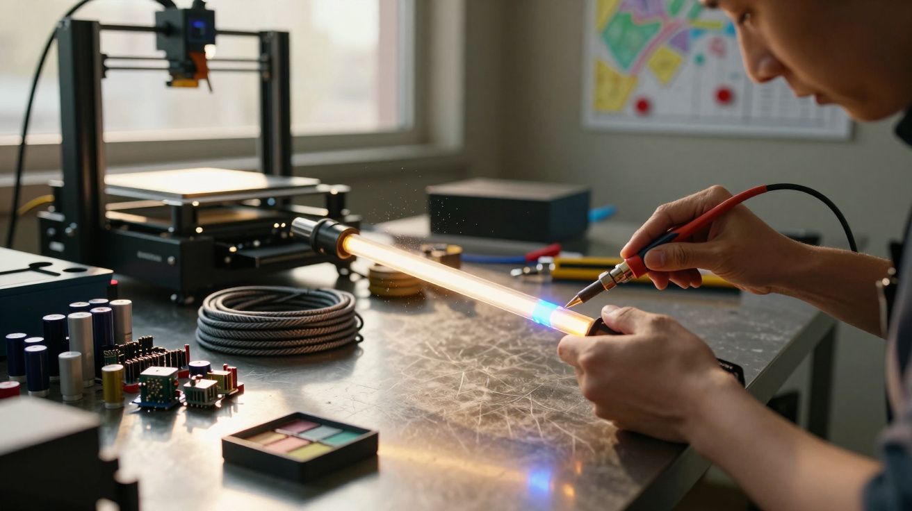 Pessoa solda um tubo luminoso em oficina com ferramentas e eletrónicos numa mesa. Impressora 3D ao fundo.