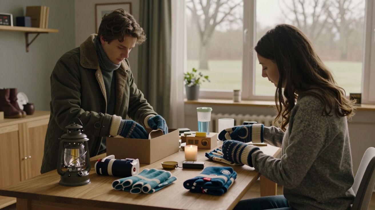 Duas pessoas embalando luvas e cachecóis numa mesa, dentro de uma casa iluminada por velas e com janela ao fundo.