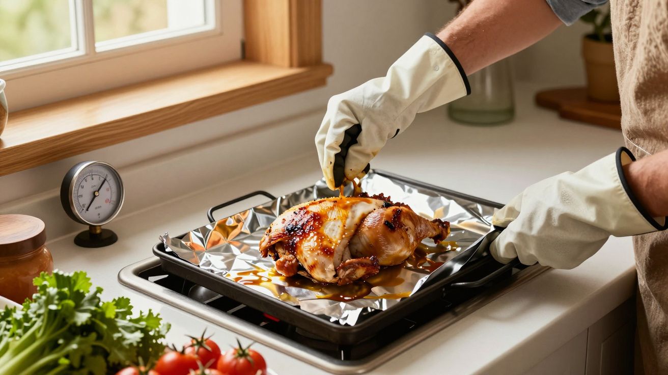 Pessoa com luvas corta frango assado sobre tabuleiro de alumínio na cozinha com termómetro e vegetais ao fundo.